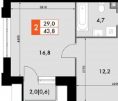 2-комн, 44 кв м, этаж 11/12 ул Адмирала Горшкова, 5