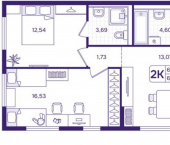 2-комн, 66 кв м, этаж 13/17 улица Борисенко, 100Е с3