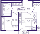 2-комн, 62 кв м, этаж 15/17 улица Борисенко, 100Е