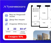 2-комн, 54 кв м, этаж 22/24 Владивосток, улица Тухачевского